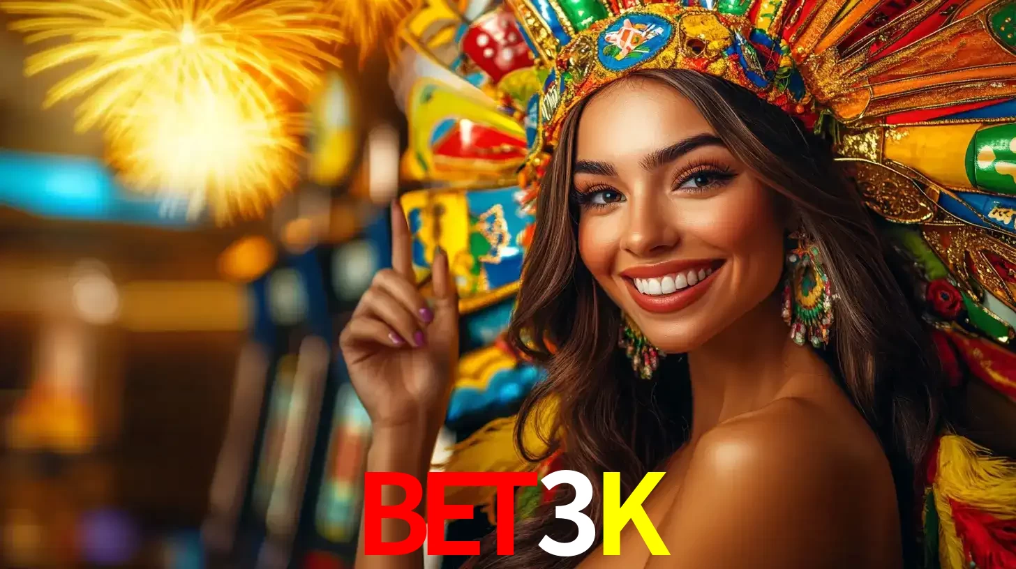 Mulher sorridente com um cocar de carnaval vibrante e colorido, celebrando uma grande vitória nos jogos do cassino BET3K com fogos de artifício ao fundo.