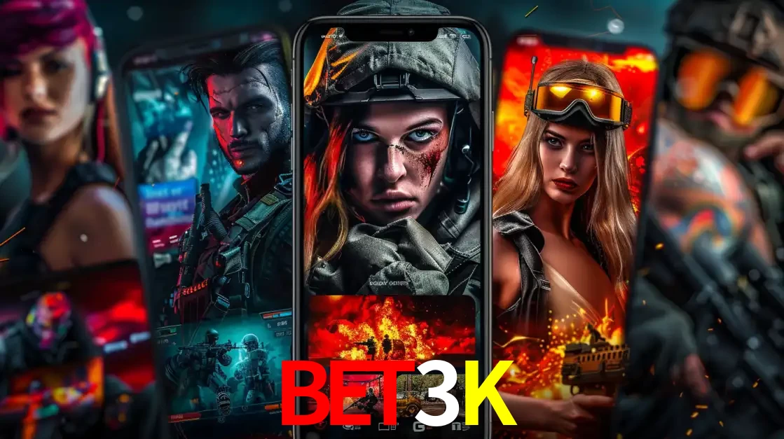 Montagem de telas de celular mostrando diversos personagens, masculinos e femininos, de um jogo de tiro, ilustrando a diversidade de equipes de e-sports para apostar no BET3K.