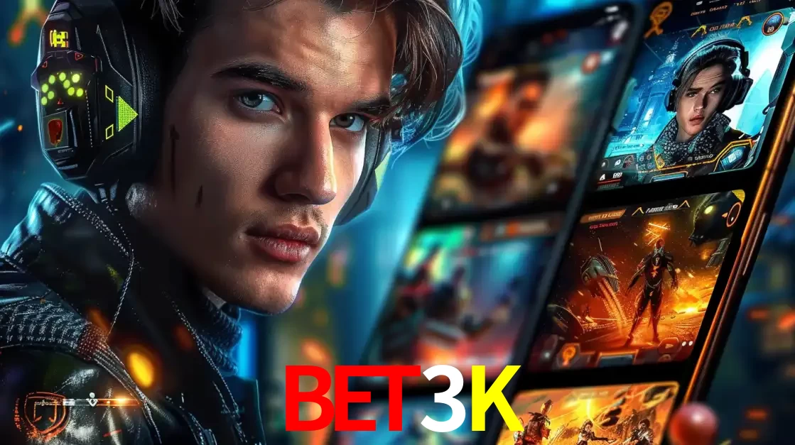 Jovem jogador com fones de ouvido olhando para a câmera, com um aplicativo de jogos e e-sports para celular ao fundo, pronto para a competição e apostas no BET3K.