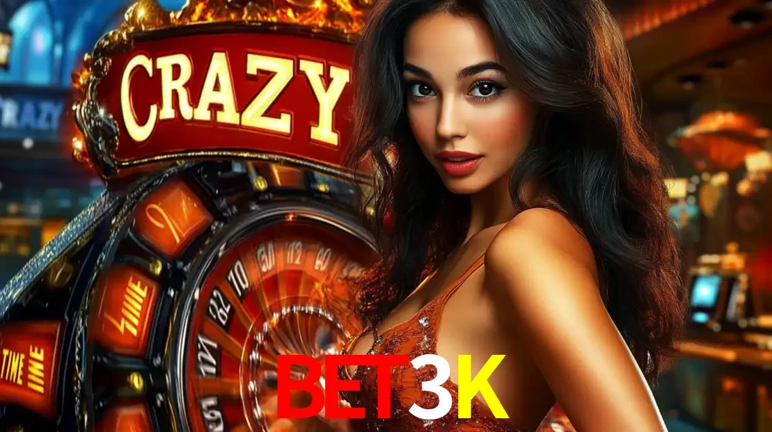 Mulher glamourosa olhando para a câmera com a roda vermelha do Crazy Time ao fundo em um ambiente de cassino, destacando a emoção dos jogos ao vivo no BET3K.
