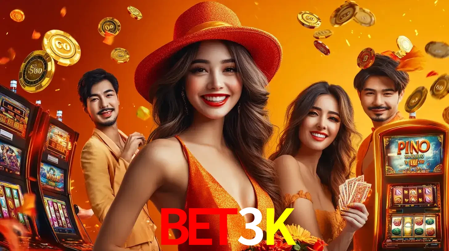 Grupo de amigos asiáticos sorrindo e se divertindo com máquinas de caça-níqueis em um ambiente festivo, celebrando suas vitórias nos jogos de cassino do BET3K.