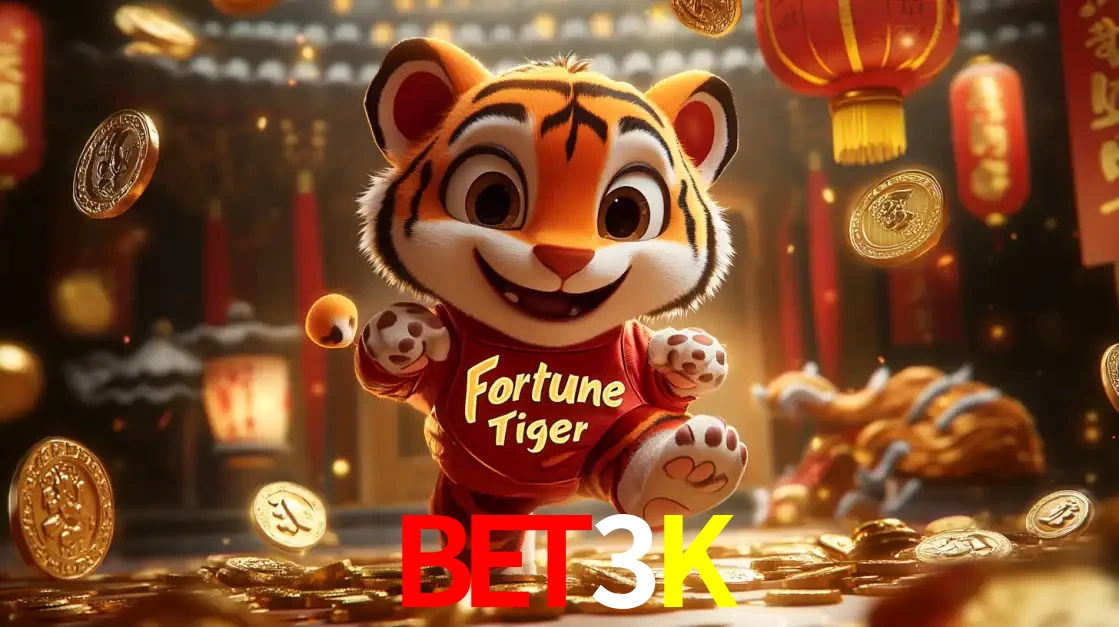 O alegre personagem do Fortune Tiger correndo sobre um caminho de moedas de ouro, simbolizando os grandes prêmios e a diversão do popular jogo de slot do BET3K.