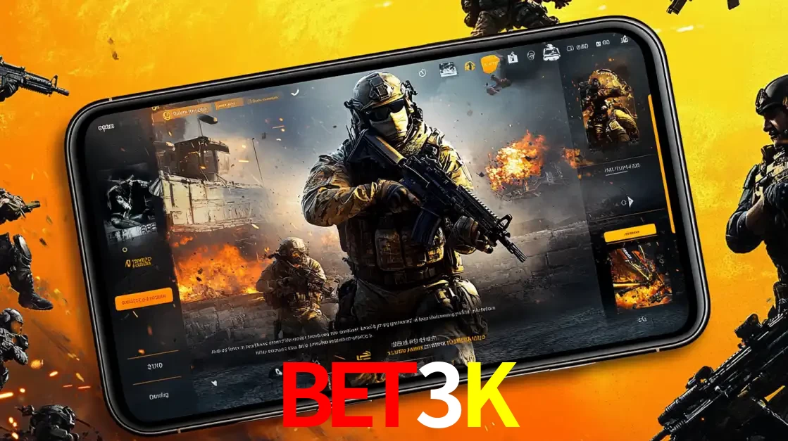 Um smartphone exibindo a interface de um jogo de tiro em primeira pessoa, com um soldado em um cenário de batalha, representando a ação dos e-sports para apostar no BET3K.