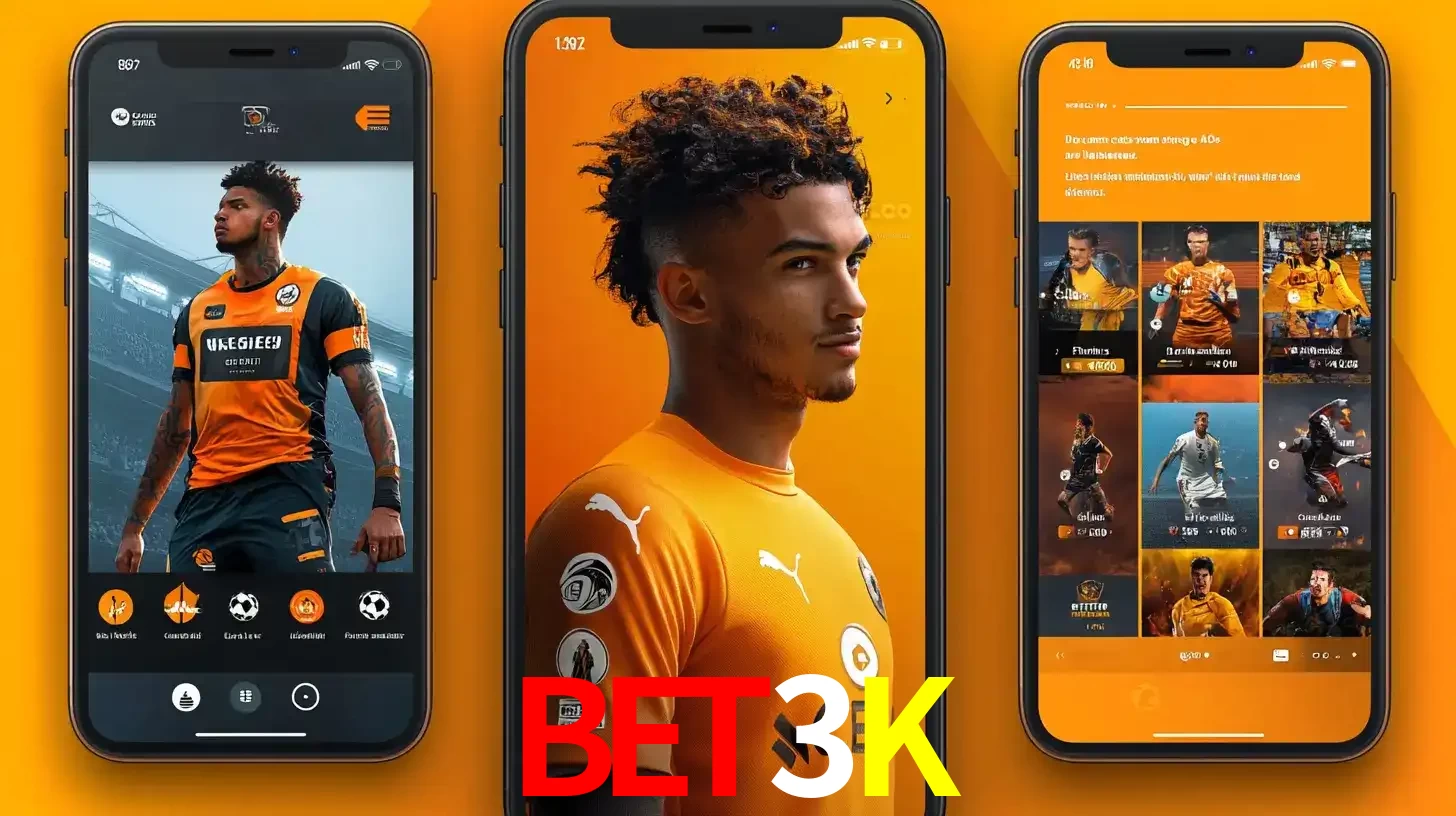 Interface do aplicativo de apostas esportivas BET3K em três telas de celular, mostrando o perfil de um jogador de futebol e a lista de jogos disponíveis para apostar.