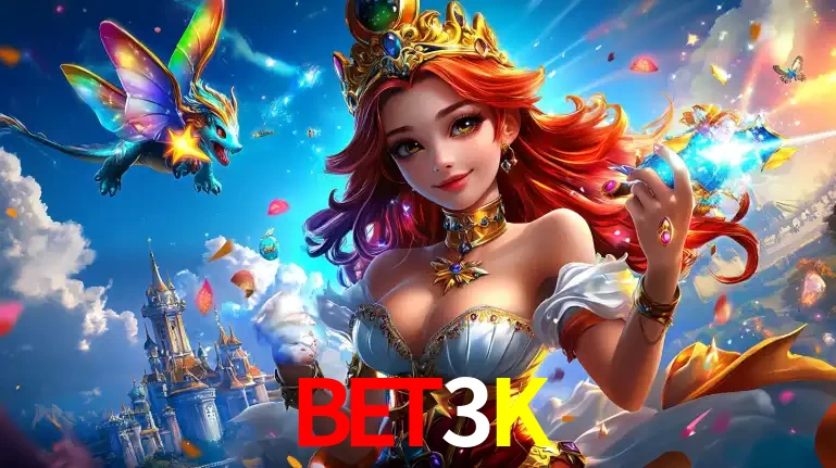 A princesa de um reino de fantasia mágico, com seu pequeno dragão, apresentando um mundo de prêmios encantados nos jogos de caça-níqueis do cassino BET3K.