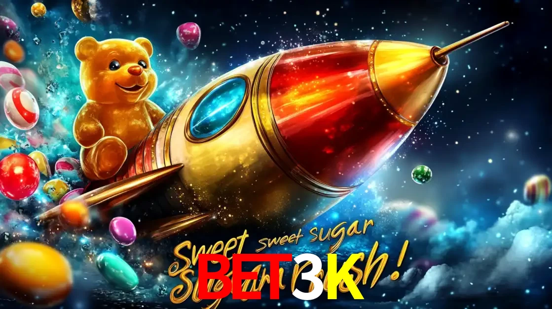 Arte promocional do jogo de slot Sugar Rush, com um urso de pelúcia em um foguete viajando pelo espaço de doces, um dos jogos divertidos disponíveis no cassino BET3K.