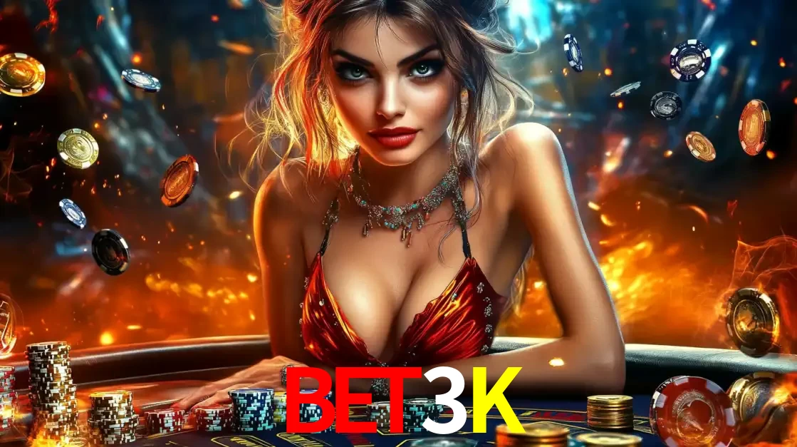 Mulher em uma mesa de cassino com pilhas de fichas e um fundo de fogo, pronta para uma rodada de altas apostas nos jogos de mesa emocionantes do cassino BET3K.