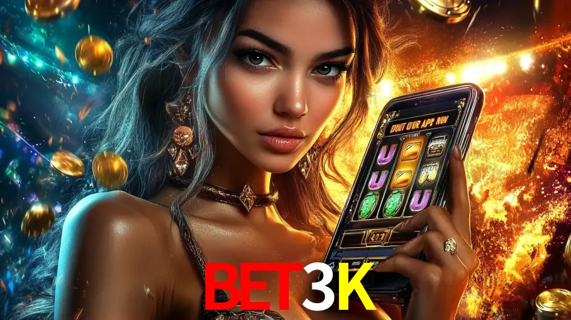 Mulher elegante mostrando um jogo de caça-níqueis em seu smartphone, destacando a experiência de cassino móvel oferecida pelo aplicativo BET3K.