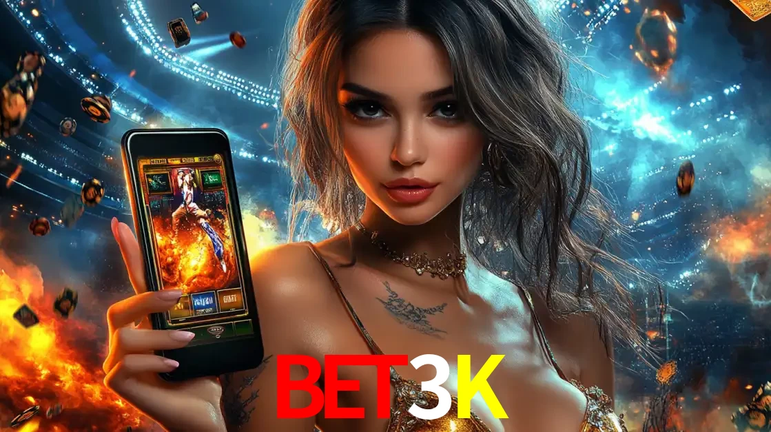 Mulher segurando um celular com um jogo de slot em destaque, tendo como fundo um estádio vibrante, simbolizando a emoção de jogar no cassino móvel BET3K.
